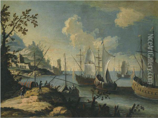 A Mediterranean Coastal Scene With Ships At Anchor And Figures On A Path To The Left Oil Painting - Johann Eismann