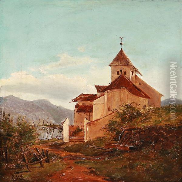 Landscape From The Southern Europe With A Church Oil Painting - Edvard Michael Jensen