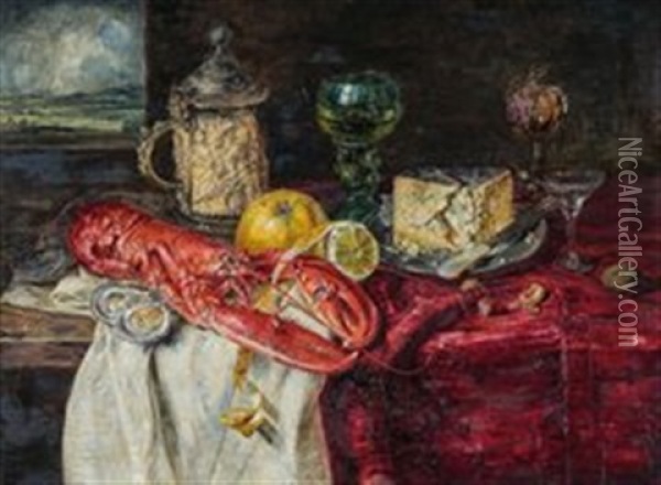 Stillleben Mit Hummer, Elfenbein-silberhumpen, Gorgonzola, Obst Und Austern Oil Painting - Hermann Gottlieb Kricheldorf