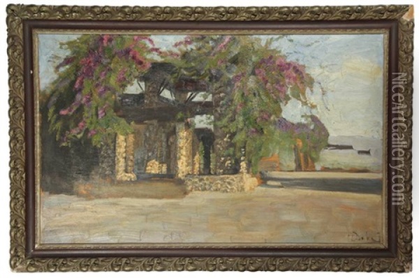 View Of An Asian House Covered With A Bougainvillea Oil Painting - Carel Lodewijk Dake the Younger