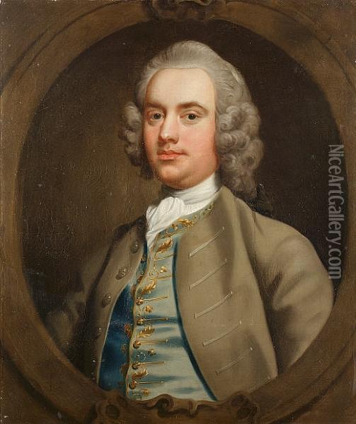 Portrait Of A Gentleman, Bust-length, In A Grey Coat With A Blue Waistcoat With Gold Embroidery And A White Cravat, In A Painted Cartouche Oil Painting - Mason, Chamberlin Jnr.