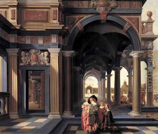 Elegant Figures in a Loggia Oil Painting - Dirck Van Delen