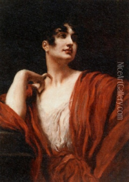 Portrait Of An Elegant Lady In A Red Dress Oil Painting - Leopold Schmutzler