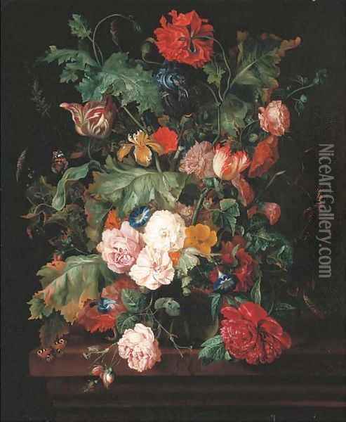 Roses, a lily and convulvulus in a glass vase, with two red admiral butterflies and a caterpillar, on a wooden ledge Oil Painting - Ernst Stuven