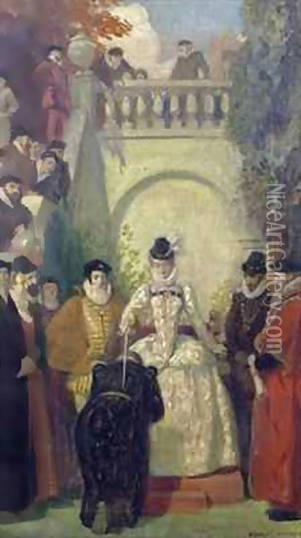 Queen Elizabeth I knighting Sir John Young on the steps of his property, The Great House, Bristol Oil Painting - Ernest Board