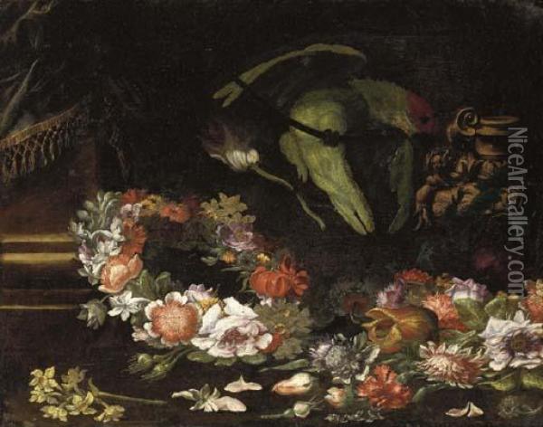 Narcissi, Peonies And Roses In A
 Wreath With Other Flowers Strewnon The Floor And A Parrot On A Rope Oil Painting - Giovanni Paolo Castelli Spadino