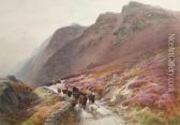 Cattle On A Highland Path Oil Painting - James Jackson Curnock