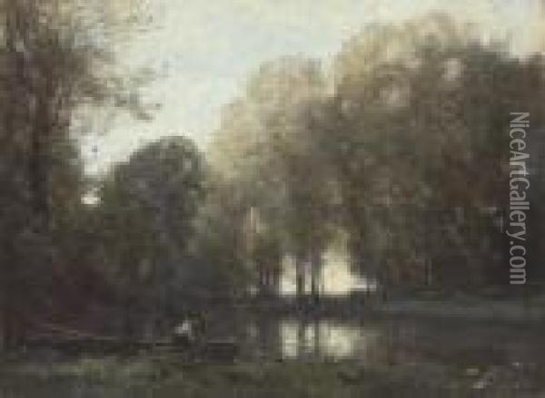 Pecheur Amarre Sur La Rive Verte Oil Painting - Jean-Baptiste-Camille Corot
