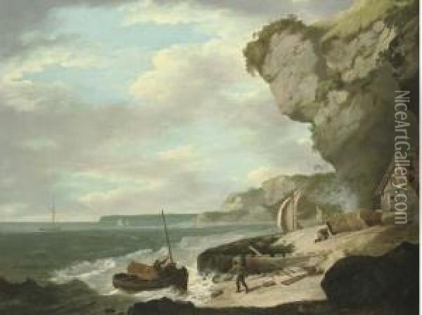 Coastal Scene With Fishermen On A Beach In The Foreground Andsailing Boats Beyond Oil Painting - William Hodges