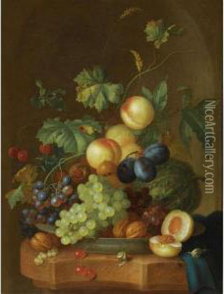 A Still Life With Peaches, Grapes, Plums, A Melon, Cherries, Walnuts, Chestnuts On A Wan-li Porcelain Plate, Together With Two Snails On A Marble Ledge, Draped With A Blue Cloth Oil Painting - Johan Christian Roedig
