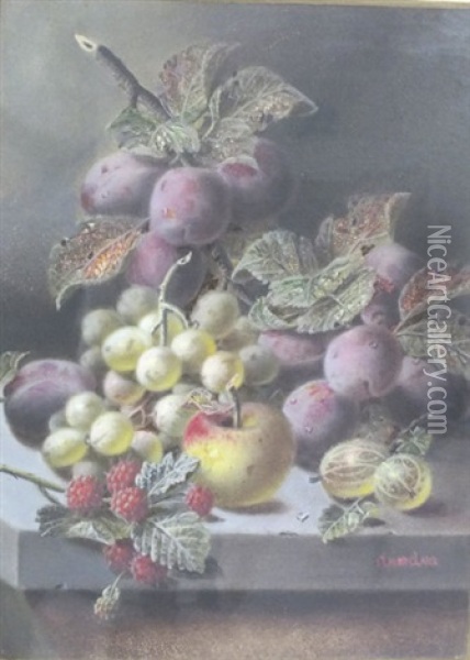 Still Life Of Grapes, Plums, Raspberries, A Peach And Greengages Oil Painting - Oliver Clare