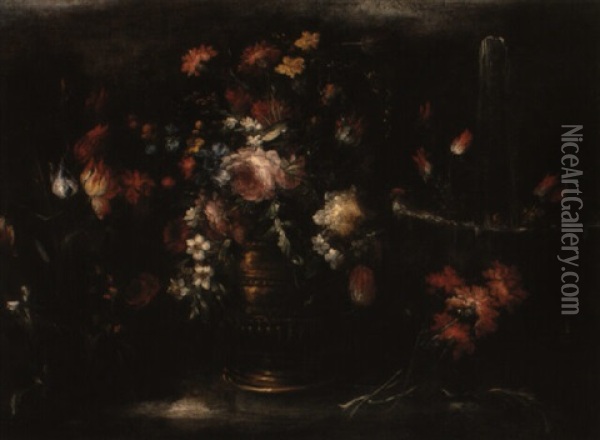 Still Life Of Flowers On A Stone Ledge With An Ornamental Fountain Beyond Oil Painting - Margherita Caffi