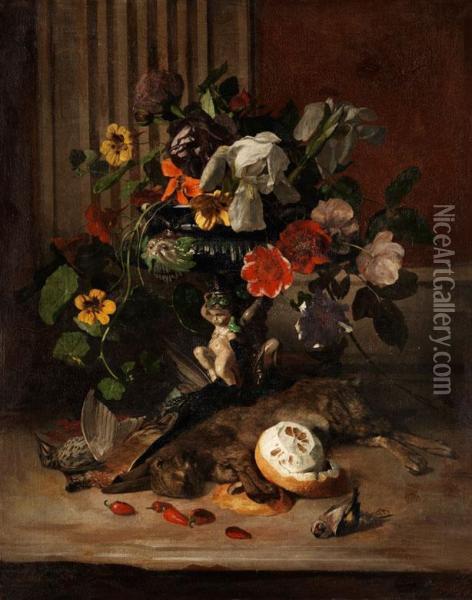 Blumenstilleben Mit Erlegten Wildhasen, Vogeln Und Einer Zitrone Oil Painting - David Emil Joseph de Noter