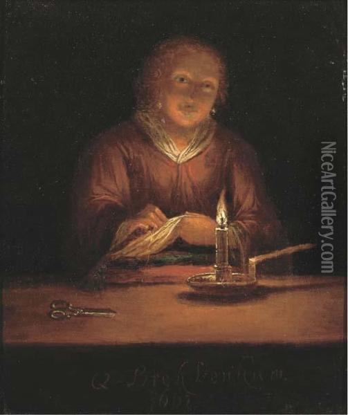 A Lady Sewing By Candlelight Oil Painting - Godfried Schalcken