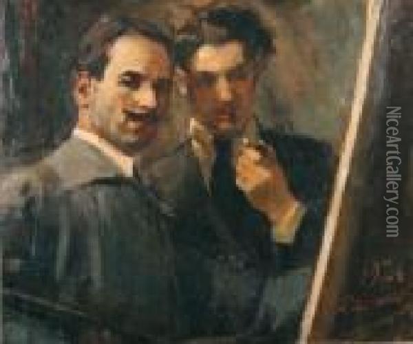 L'artista E Il Critico D'arte Alfredo Schettini Oil Painting - Luigi Crisconio