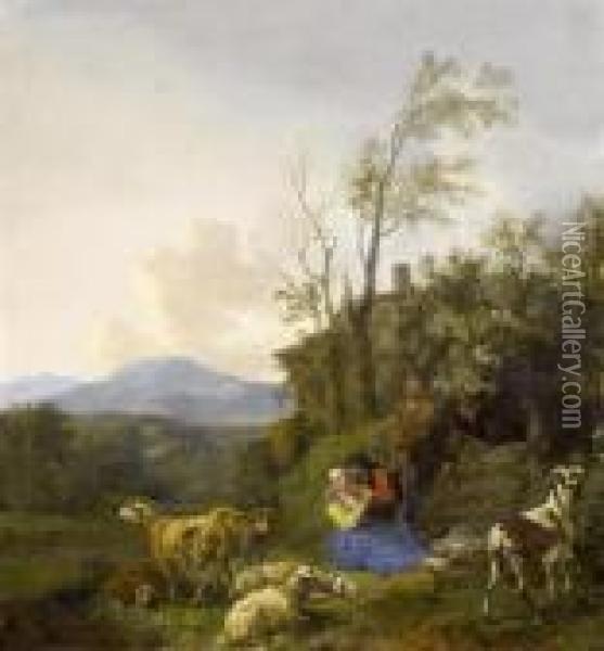 A Shepherd Couple With Sheep In A
Landscape Oil Painting - Nicolaes Berchem
