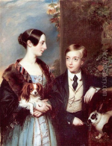 A Portrait Of A Mother With A Tartan Shawl And Her Son With Their Pet Dog And Rabbits Oil Painting - Edward Coleman