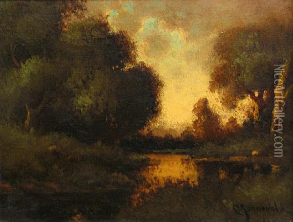 Landscape With Sunlight Reflected Inwater Oil Painting - Carl Henrik Jonnevold