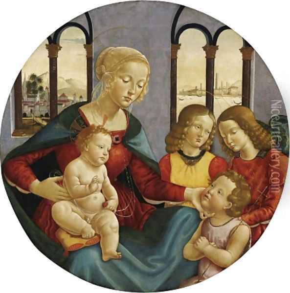 Madonna with Child the Young St John and Two Angels c 1500 Oil Painting - Bastiano Mainardi