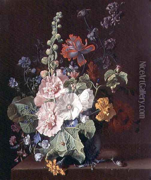 Hollyhocks and Other Flowers in a Vase Oil Painting - Jan Van Huysum