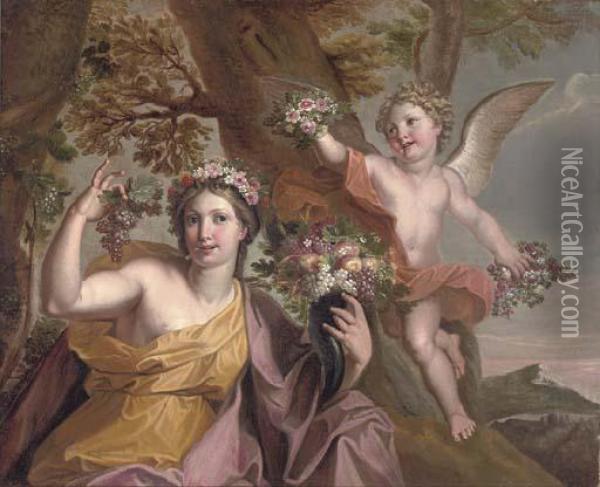 Abundance With A Putti In A Landscape Oil Painting - Noel Coypel