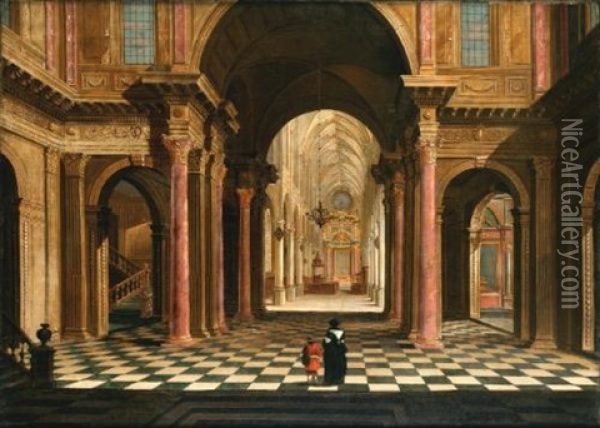 Two Figures In A Classical Church Interior Oil Painting - Wilhelm Schubert van Ehrenberg