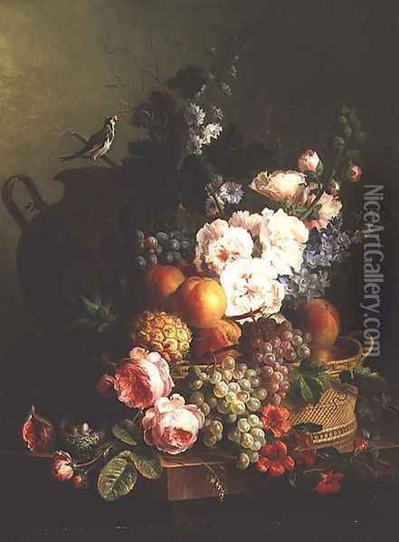 Still Life of Fruits and Flowers in a Wicker Basket on a Ledge. Oil Painting - Cornelis van Spaendonck