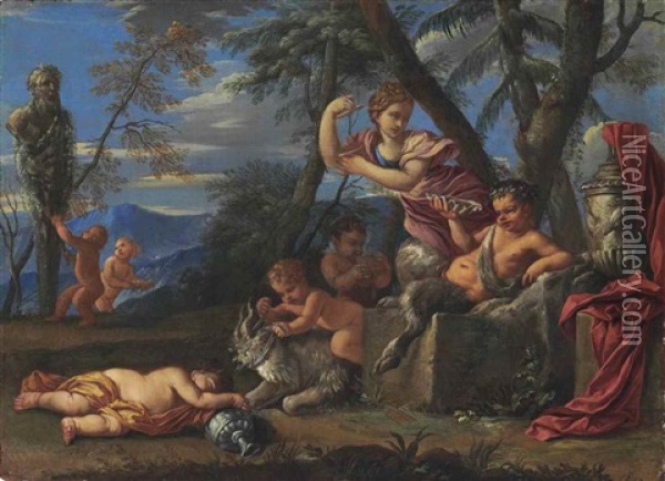 A Bacchanal With A Drunken Pan And Cavorting Putti Before A Term Oil Painting - Karel Philips Spierincks