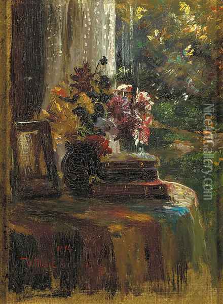 A still life of a mixed bouquet and books on a table Oil Painting - Willem Roelofs
