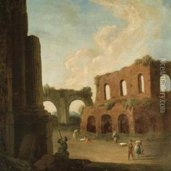 A Capriccio With Figures Amongst Ruins Oil Painting - Giovanni Richter