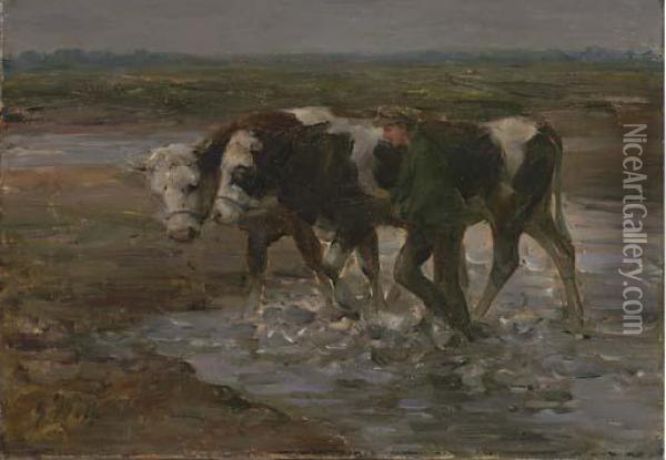 Ein Burger Mit Zwei Kuhe Oil Painting - Heinrich Johann Von Zugel