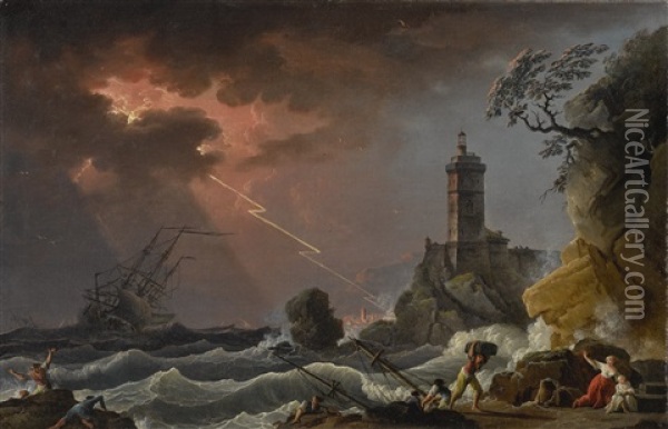 Ships In A Stormy Sea Off A Rocky Coast Oil Painting - Charles Francois Lacroix