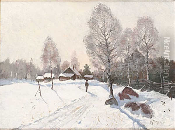 Vinterlandskap Med Figur Oil Painting - Anton Genberg
