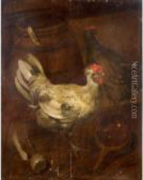 A Still Life With Chickens And A Barrel Oil Painting - Jacomo (or Victor, Jacobus) Victors