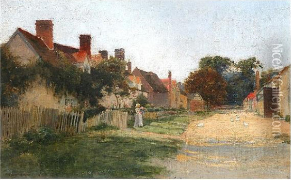 Country Village Lane With Mother, Child And Geese Oil Painting - Arthur Claude Strachan