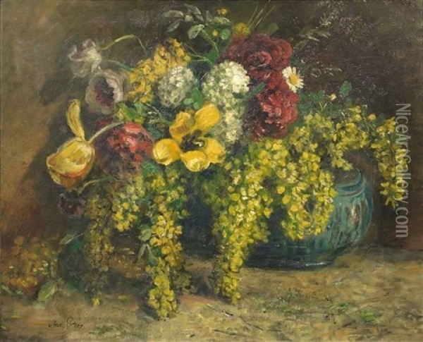 Sommerliches Blumenstilleben Mit Goldregen, Tulpen Und Ganseblumchen In Einer Kugelvase Oil Painting - Anna Peters