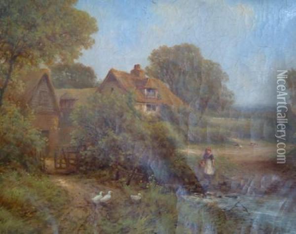 Maidservant With Ducks Near A Cottage Oil Painting - Robert Robin Fenson