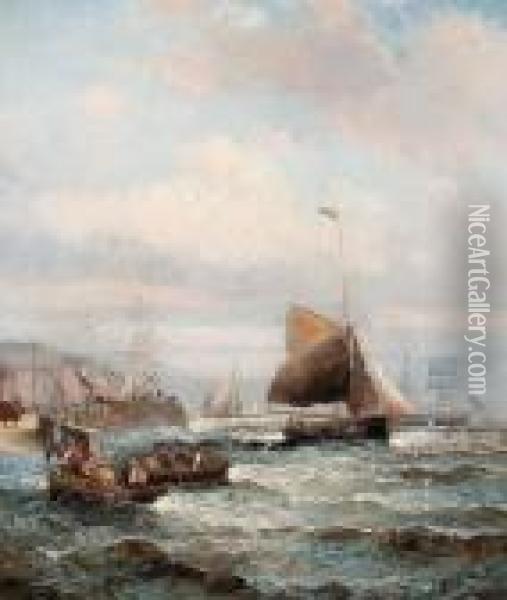 A Busy Harbour Scene Oil Painting - William A. Thornley Or Thornber