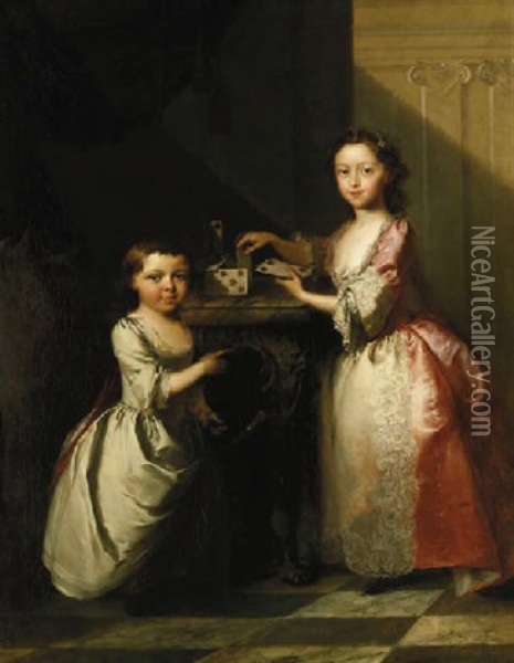 Portrait Of Two Young Children, The Elder Girl Building A House Of Cards On A Marble Topped Table, The Younger Child Playing With A Walking Stick, In An Interior Oil Painting - Thomas Frye