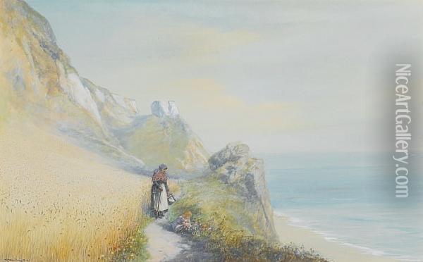 Mother And Child Picking Flowers, Branscombe, East Devon Oil Painting - John White