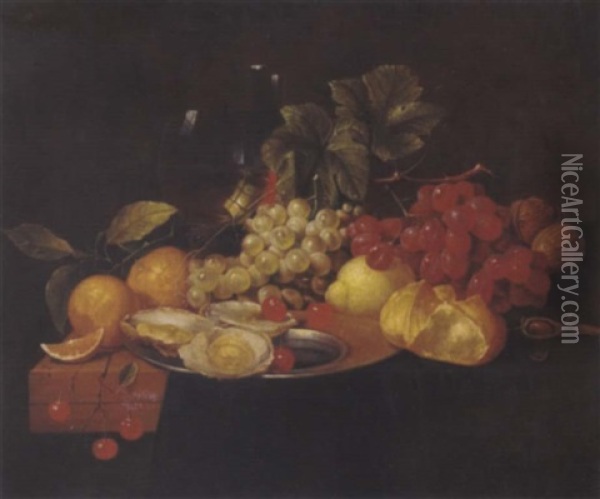 Stillleben Mit Weintrauben, Orangen, Austern Und Einem Weinglas Oil Painting - Alexander Coosemans