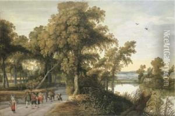 A Wooded River Landscape With 
Soldiers, Peasants And Huntsmen On A Path, A Church Through The Trees 
Beyond Oil Painting - Willem Van Den Bundel