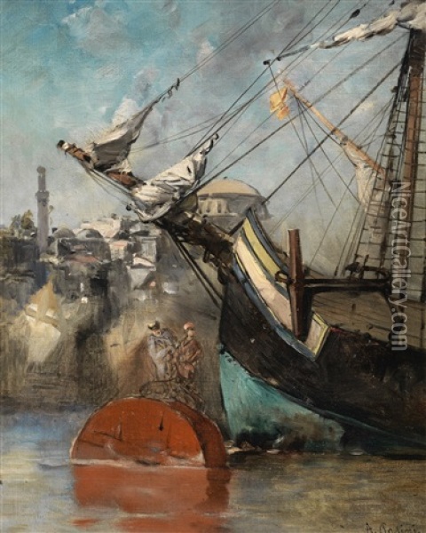 Ship At Anchor, Constantinople Oil Painting - Alberto Pasini