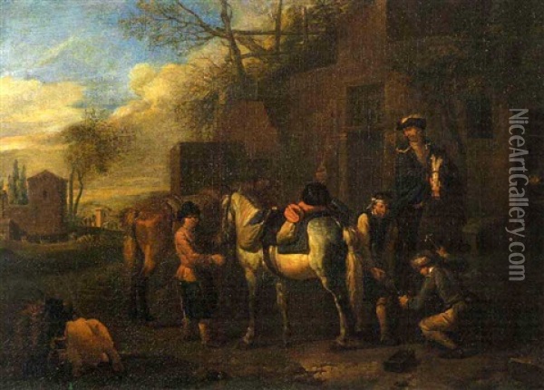 Travelers Resting At An Inn While A Farrier Replaces A Horseshoe Oil Painting - Pieter van Bloemen