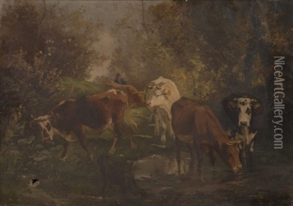 Cattle, Shepherd And Dog Oil Painting - Aymar (Aimard Alexandre) Pezant