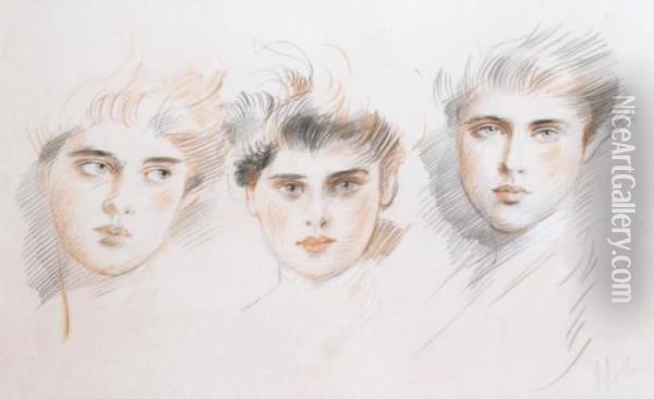 Les Trois Jeunes Femmes Oil Painting - Paul Cesar Helleu