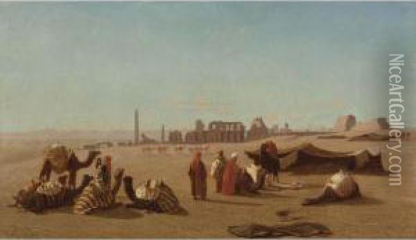A Caravan At Rest, The Temple Of Karnak, Thebes In Thedistance Oil Painting - Charles Theodore Frere
