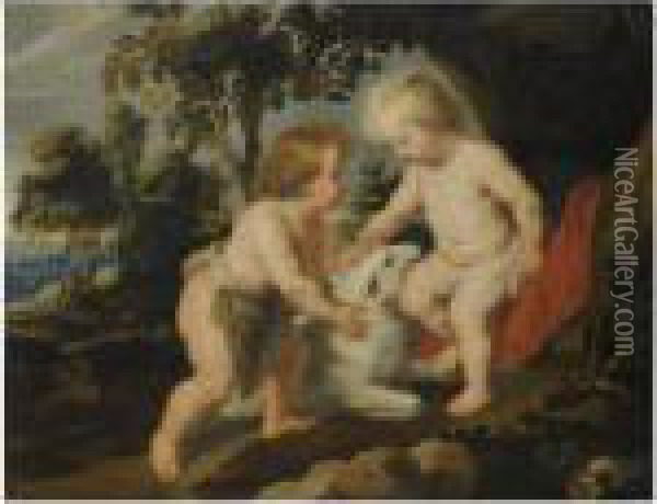 The Infant Christ And St. John The Baptist In A Landscape Oil Painting - Peter Paul Rubens