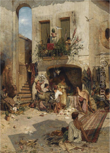 A Busy Italian Marketplace (piazza Tre Carreli) Oil Painting - Hans Peter Ii Feddersen