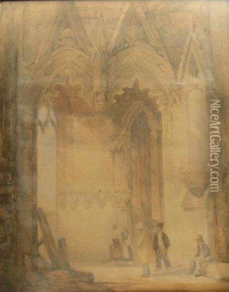 Figures Inside A Cathedral Entrance Oil Painting - Samuel Prout